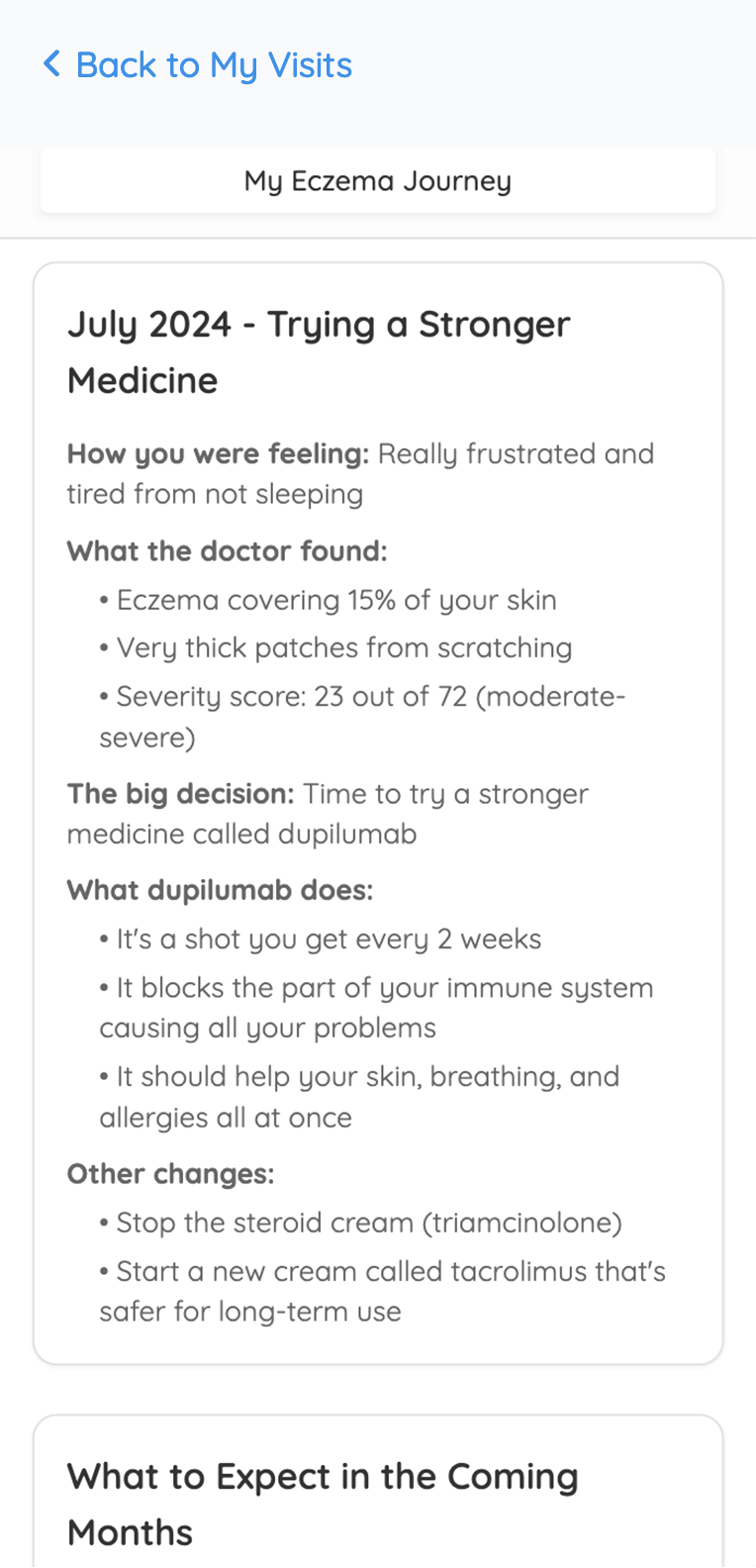 Patient's eczema journey timeline showing treatment progression